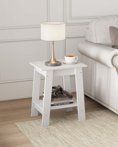 Garvee End Table, Side Table with 2-Tier Storage Shelf, Sofa Table for Small Space, Square Nightstand for Entryway, Farmhouse, Living Room, Easy Assembly, White
