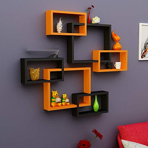 Image of Amaze Shoppee MDF Wall Decoration Intersecting Floating Shelves Set of 6 (Orange and Black)
