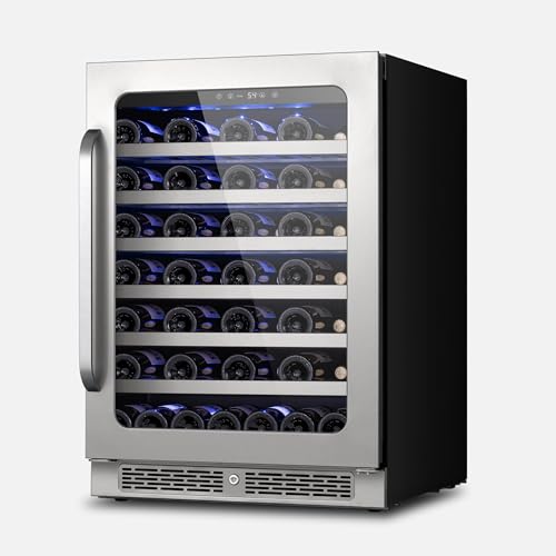 24 inch Wine Fridge Cooler 54 Bottles 40-65 ℉ Wine Refrigerator with Glass Door 3 LED, Built in Freestanding or Under Counter Fridge Seamless Frame for Home Bar Office 5.65 cu.ft.