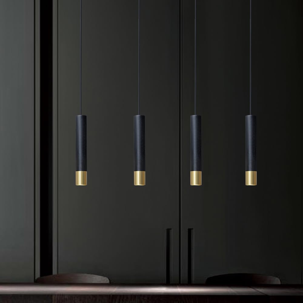 Lampada a Sospensione 4 Fiamme Oro Nero,Lampadario Moderna Asta Tavolo da Pranzo,Lampada Tavolo da Pranzo In Alluminio a Sospensione,Lampadari in Legno per Isola Cucina,Soggiorno,Gu10