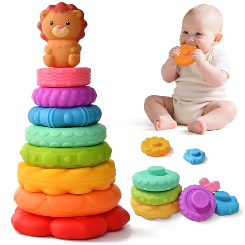 Stapelspielzeug mit Ringen Babyspielzeug Stapelturm Stapelspiel mit Löwefigur Beißspielzeug Baby Squeeze Zahnen Montessori Spielzeug Geschenk für 6 12 18 Monate Baby Mädchen Jungen (Regenbogen)