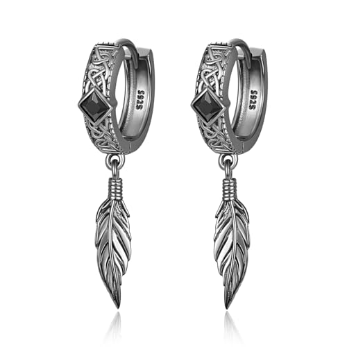 Viking Celtic Earrings for Men 925 Sterling Silver Dangle Drop Cross/Feather/Anchor/Compass/Ankh/Sword/Praying Hands Hoop Earrings for Father Son Boyfriend Brother