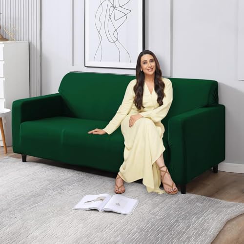 Image of HOKIPO Elastic Stretchable 3 Seater Sofa Cover, Bottle Green (NEW-4279-E25)