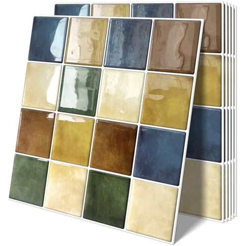 Tiwoos Thick Kitchen Peel and Stick Backsplash Mosaic Tiles Square Self Adhesive Wall Tile Colorful (10-Sheet,12'x12')