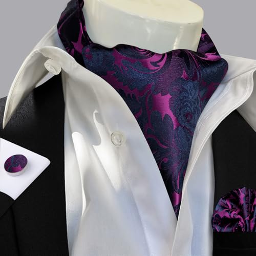 Image of DiBanGu Mens Silk Ascot Ties Paisley Jacquard Woven Cravat and Pocket Square Cufflinks with Lapel Pin for Business Wedding