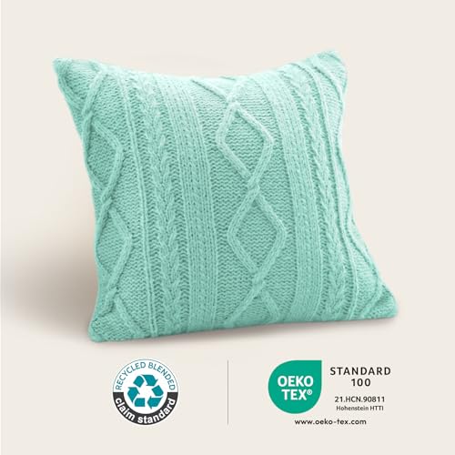 Throw Pillow Covers Set of 2 - Handknit Decorative Throw Pillow Covers,Wool Woven Cushion Covers,Chunky Yarns Couch Pillow Covers for Sofa Living Room Home Decor,Green,16x16 Inch