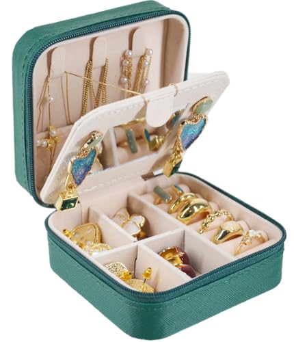 Image of Travel Jewelry Case Box Organizer with Mirror, Jewelry Storage,Green,1 Pcs