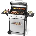 GRILL DEPOTS 3-Burner Propane Gas Grill with 2 Folding Sides, BBQ Grill with Wheels, Double-layer Stainless Steel Lid & Cast Iron Grates 30,000 BTU for Outdoor Backyard Patio