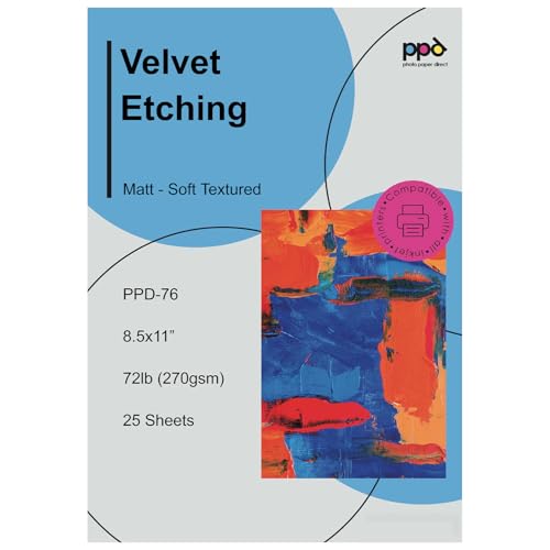 PPD 25 Sheets Inkjet White Giclee Archival Velvet Etching Fine Art Printer Paper 8.5x11 72lbs 270gsm (PPD076-25)