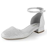 Ankis Silver Closed Toe Heels for Women, 1 Inch Women's Flats Low Block Heel Women Dress Shoes Womens Pumps Work Shoes with Ankle Strap for Spring Fall