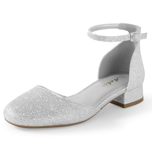 Image of Ankis Silver Closed Toe Heels for Women, 1 Inch Women's Flats Low Block Heel Women Dress Shoes Womens Pumps Work Shoes with Ankle Strap for Spring Fall
