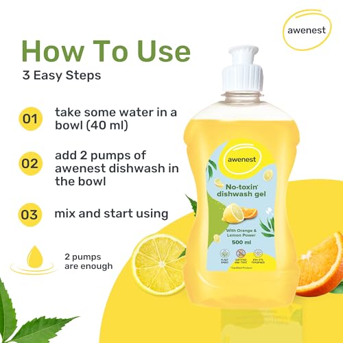 awenest No-Toxin Plant Based Dishwash liquid Concentrate | Orange and Lemon | No Toxins | Baby and Pet friendly Natural Organic Herbal Gel - Image 4