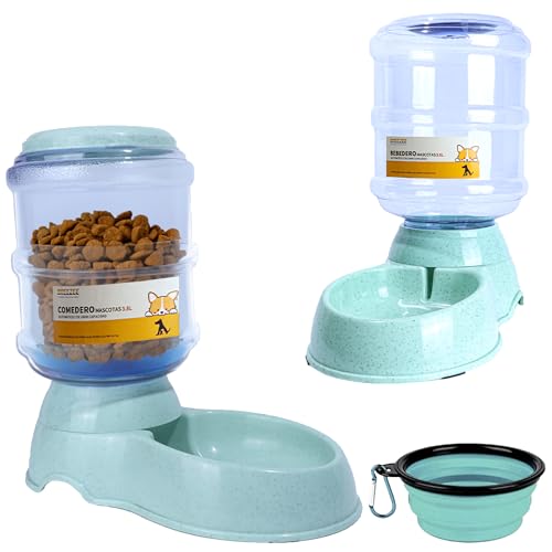 BREEZEE Alimentador Set Bebedero y Comedero Automático para Perros, Gatos y Otras Mascotas, 2 en 1 Dispensador de Agua y Dosificador de Alimento...