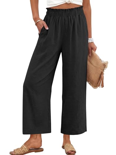Image of ANRABESS Womens Wide Leg Cropped Palazzo Pants | Lightweight Breathable Elastic High Waisted Pants, Beach Vacation Flowy, Lounge & Casual Summer Trousers with Pockets