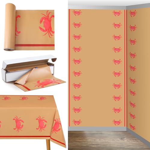 Oudain 40 Inch x 300 ft Crab Print Tablecloth Roll with Cutter Box Plastic Roll Crab Print Table Cover Disposable with Cutter Box for Sea Animals Dining Kitchen Centerpiece