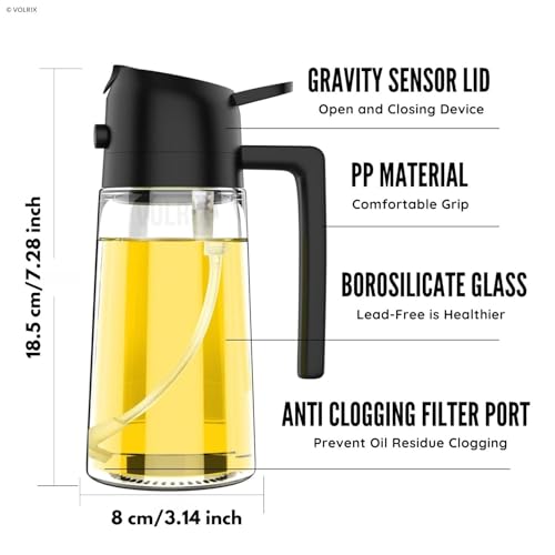 Image of 2-in-1 Glass Oil Dispenser and Sprayer for Cooking 500ml Large Capacity Olive Oil Mister and Pourer Leak-Proof Vinegar Soy Sauce Bottle for Air Fryer Salad Baking Grilling Kitchen BBQ Roasting Black