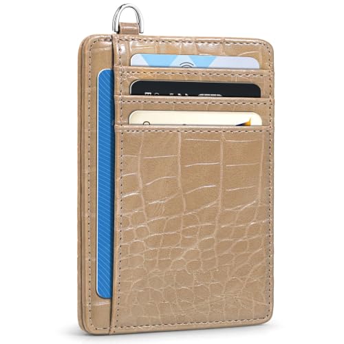 Image of Coco Rossi Crocodile Wallet Women Slim Credit Card Holder with Keychain | Luxury Wallets, Alligator Print, RFID Blocking, ID Case, Small Minimalist, Womens Girls Gift, Khaki Croc