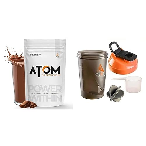 Image of Asitis Nutrition Atom Whey Protein 1Kg With Digestive Enzymes Double Rich Chocolate Flavor 27G Protein 5.7G Bcaa & Nutrition Shaker Bottle-470Ml, Black Combo