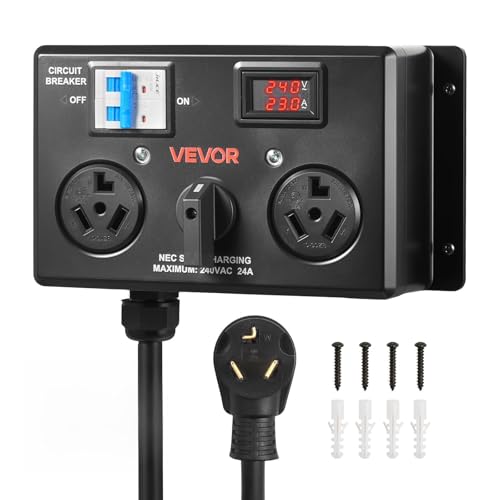 VEVOR Manual EV Charging Switch NEMA 10-30 Splitter Switch for Dryer & EV 24A Max 240V Manual Power Distribution with Circuit Breaker Real-Time Display Hand-Operated Selector Plug and Play ETL