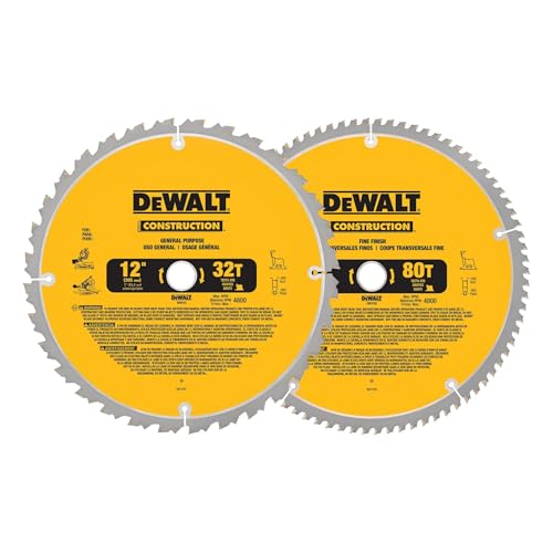 DEWALT 12-Inch Miter Saw Blade, Crosscutting, Tungsten Carbide, 80-Tooth and 32-Tooth, 2-Pack...