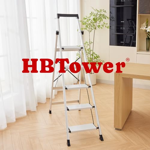 HBtower 5 Aluminum Step Ladder, Strudy Ladders for Home with Tool Tray, Anti-Slip Folding Step Stool for Adults, Light Weight Portable Durable 330lbs Safety for House Outdoor Work - Image 8