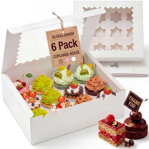 Vesmiga 6 Pack 12-Hole Cupcake Boxes with Clear Window | Removable Inserts | 32.5x24.5x9cm Sturdy White Bakery Carrier for Cupcakes & Pastries | Weddings Birthdays & Graduations