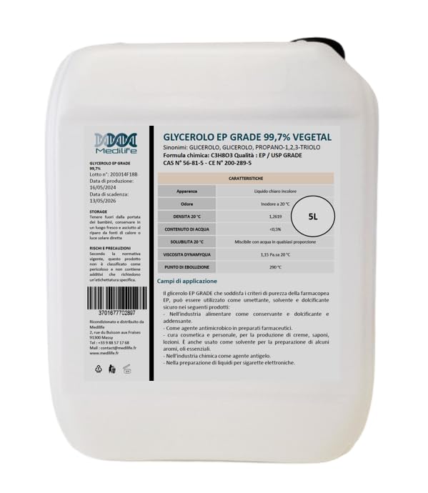 5 kg Glicerina Vegetal (Glicerol) EP GRADE 99,5% Alimentos Cosméticos Glicerol 100% Natural