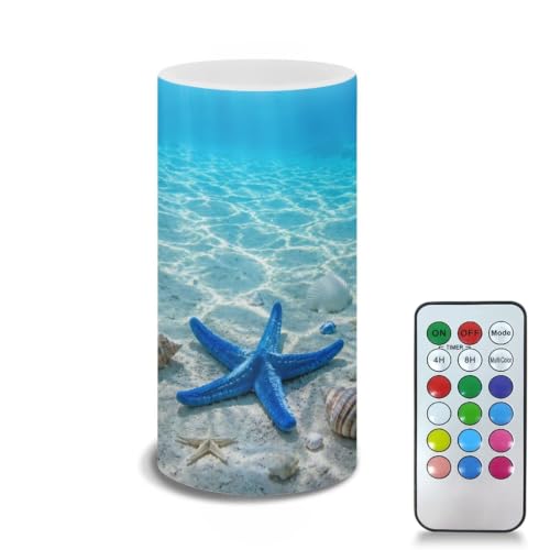 Image of Poceacles Flameless Candle Battery Powered with Remote Control 12 Colors 4 /8 Hours Timer LED Night Lights Pillar Candle Tealights Home Indoor Decor, Blue Starfish Seashell