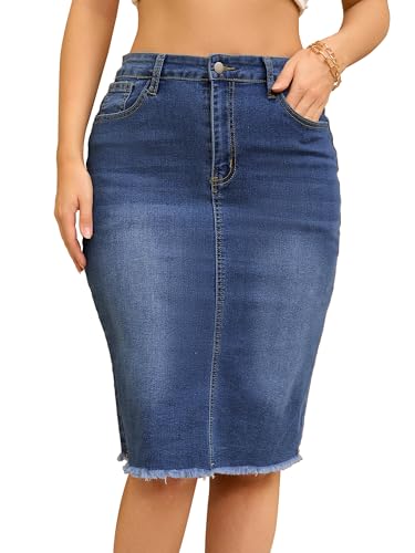 Women's Denim Skirt High Waist Raw Hem Pockets Stretch Bodycon Pencil Skirt Knee Length Jean Skirts