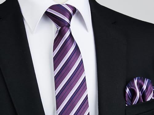 Image of Enlision Mens Ties Stripe Tie and Pocket Square Set Classic Formal Woven Neckties Handkerchief Cufflinks Wedding