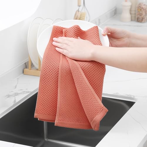 Image of Homaxy 100% Cotton Waffle Weave Kitchen Dish Towels, Ultra Soft Absorbent Quick Drying Cleaning Towel, 13 x 28 Inches, 6-Pack, Coral