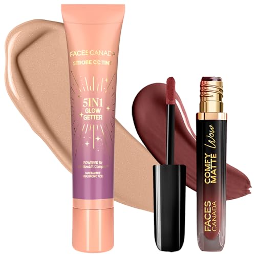 Image of FACES CANADA Tint & Pout Duo 5 - Comfy Matte Wow Liquid Lipstick - Cocoa Crush 07, 3.8ml + Strobe CC Tint Mini - Sunset Glaze 02, 18ml | Highly Pigmented | Radiant Dewy Glass Skin Glow | Long Lasting | For Light to Medium Skin