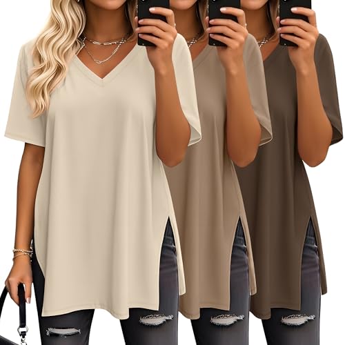 Geyoga Lot de 3 T-Shirts Oversize pour Femme, col V, Maille décontractée, Manches Courtes, Fentes latérales, Coupe Ample, Tuniques Tendance(Marron, Café,...