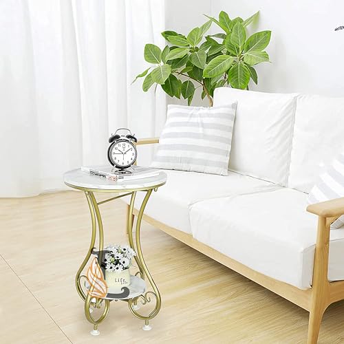 Image of Side End Table Frame Sofa Corner Table for Living Room Coffee Table Striped Top and Metal Frame Sofa Table End Table, Bedroom Simple (White Gold(N))