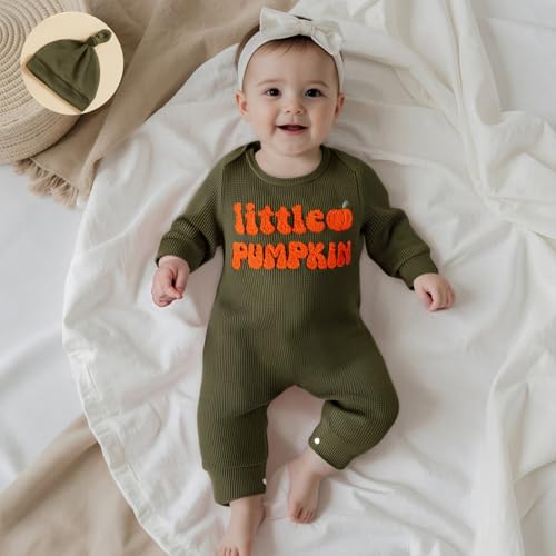 Newborn Infant Baby Boy Halloween Outfit Little Pumpkin Embroidery Romper Waffle Knit Long Sleeve Jumpsuit with Hat4