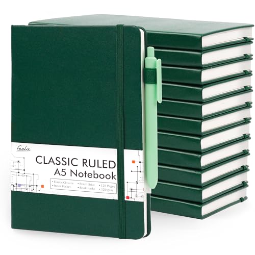 feela 12 Pack Notebooks Journals Bulk with 12 Black Pens, A5 Hardcover Notebook Classic Ruled Journal Set with Pen Holder for School Business Work Travel Writing, 120 GSM, 5.1”x8.3”, Dark Green