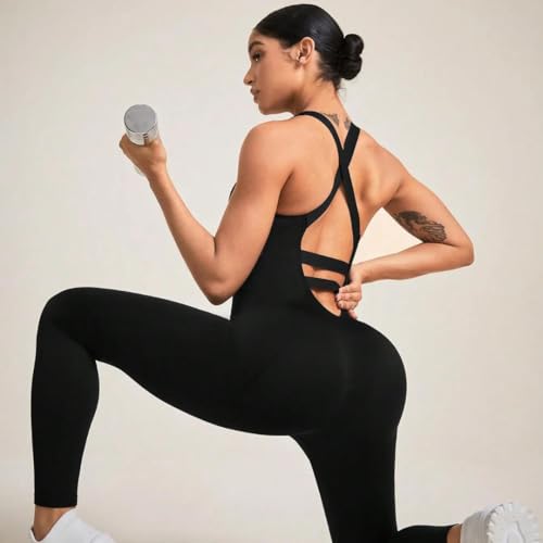 Image of Jumpsuit for Women Gym Workout Stylish Ankle Length | Body Fit One Piece Gym Outfit, Yoga Clothes Women, Sleeveless Bodysuit Style, Athleisure Travel Lounge Wear, Activewear