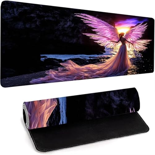 Tapis De Souris Gaming 1000 x 500 x 3mm - Sous-Main Avec Bords Cousus - Grand Sous-Main - Tapis De Souris XXl - Textile Micro-Maille, Caoutchouc Base Antidérapante Tapis De Bureau Rose Ange P-W