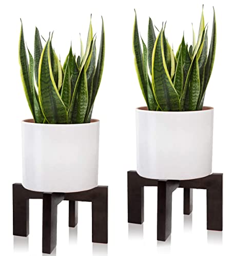 2 Pack Plant Stand Indoor Outdoor, Mid Century Plant Stand for Indoor Plants, Wood Modern Plant Holder Rattan Flower Plant stool, Low Short Boho Rustic Planter Stand, Fit 5-15 Inch Pot