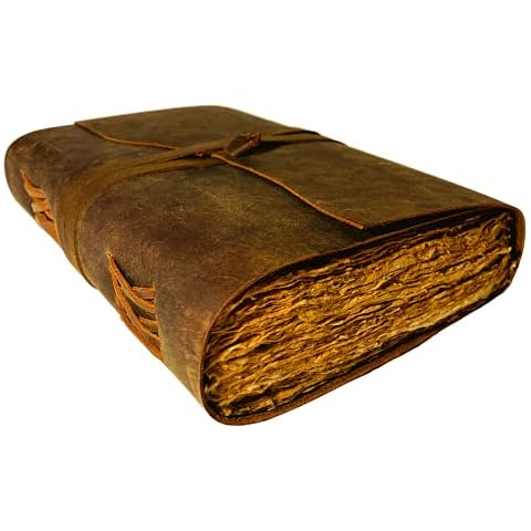 Vintage Leather Journal - 200 pages Deckle Edge Rustic Paper - Unlined Pages Book of Shadows, Grimoire, Junk Notebook, Fantasy Medieval Gifts, Sketchbook, Antique Scrapbook (Dark Brown, 9"x6") Cover