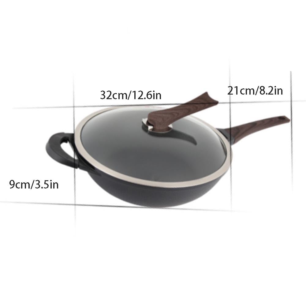 Woks und Pfannen Antihaftbeschichtete Wok-Pfannen, 12,6 Zoll flache Bratpfanne mit Granitbeschichtung, schnell aufheizende, tragbare, mehrlagige Woks mit ergonomischem Griff und,One Color-12.6in