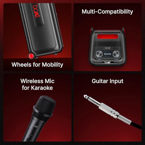 Image of Boat PartyPal 600 Party Speaker, 220W Signature Sound, Dynamic Pixels, Animated Text Display, App Support, UHF Wireless Microphone, Colorful LEDs,7hrs Battery & Guitar Input (Premium Black)