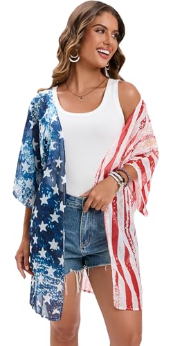 Image of DDSOL Women's American Flag Kimono Cover up Beachwear Cardigan Loose Tops Shirt Blouse