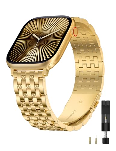 Image of W-RARA Compatible with Apple Watch Band 38 /40 /41 /42 /44 /45 /46 /49mm Women Men, Dressy Stainless Steel Seven-link Horizontal Texture Metal Strap for iWatch Series 11 10 9 8 7 6 5 4 SE Ultra 3 2 1