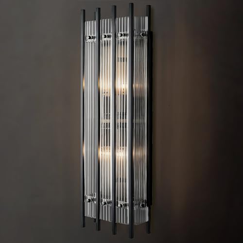 Image of Modern Black Wall Sconce,25in Grand Rectangular Ribbed Glass Wall Sconces,Indoor Hardwired Wall Sconces for Large Spaces,for Living Room,Hallway,Stairway Sconces Wall Lighting,Included E12 Bulbs