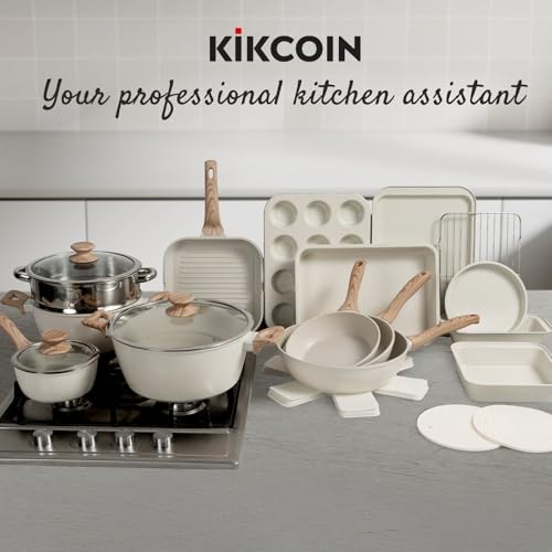 Kikcoin Pots and Pans Set Non Stick 31 Piece Kitchen Nonstick Cooking Cookware Sets with Grill Pan Saucepan Baking Sheet Utensil, Cream White by Kikcoin - Image 7