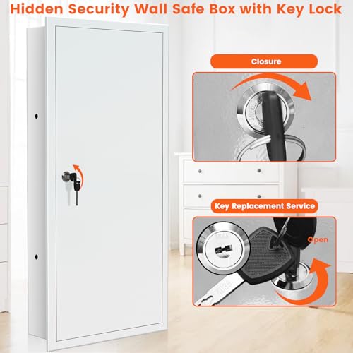 Image of 29.53 inch Tall White Wall Safes Between 16 inch Studs | 33% Larger Capacity & Lock | Lockable Hidden Safe Box with 2 Removable Shelf & Hooks for Keys Jewellery | Home In Wall Safe for Money Medicines Valuables