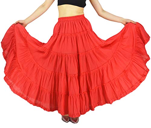 YSJERA Women's Cotton 5 Tiered A Line Pleated Maxi Skirt Long Boho Gypsy Dance Skirts (One Size, Watermelon Red)