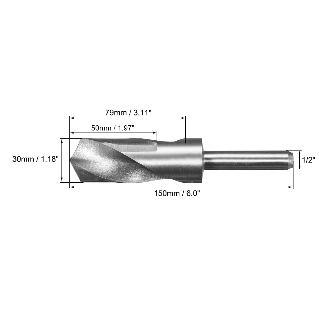 sourcing map Foret Hélicoïdal Mèche à Queue Réduite Tige 30mm en Acier Haute Vitesse HSS 4241 avec Tige Droite de 1/2 pouce Argent