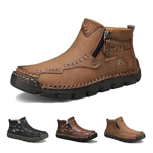 Stepthetop Motorcycle Boots,Hand-Stitched Wide Toe Leather Boots for Men, Waterproof and Anti-Slip, Suitable for Driving, Hiking
